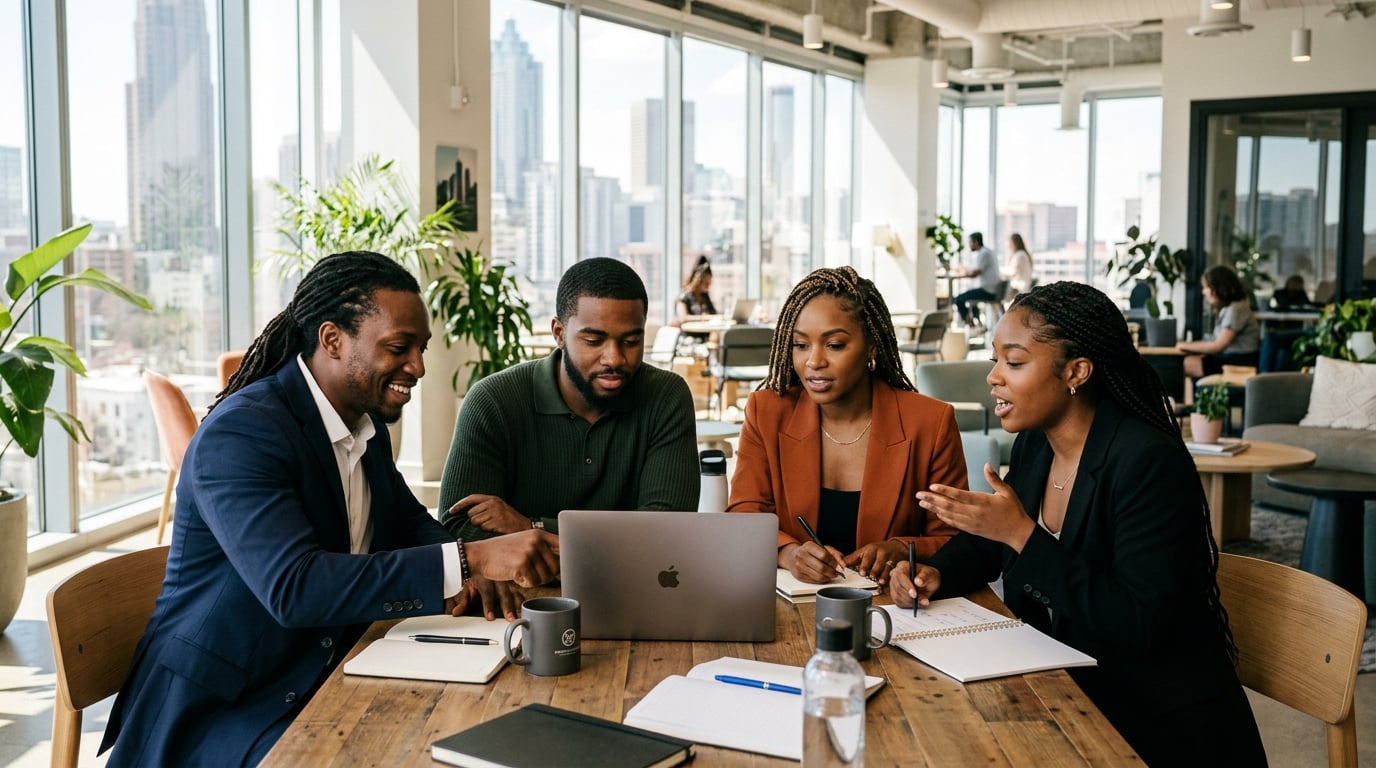 Black entrepreneurs collaborating together in a modern workspace
