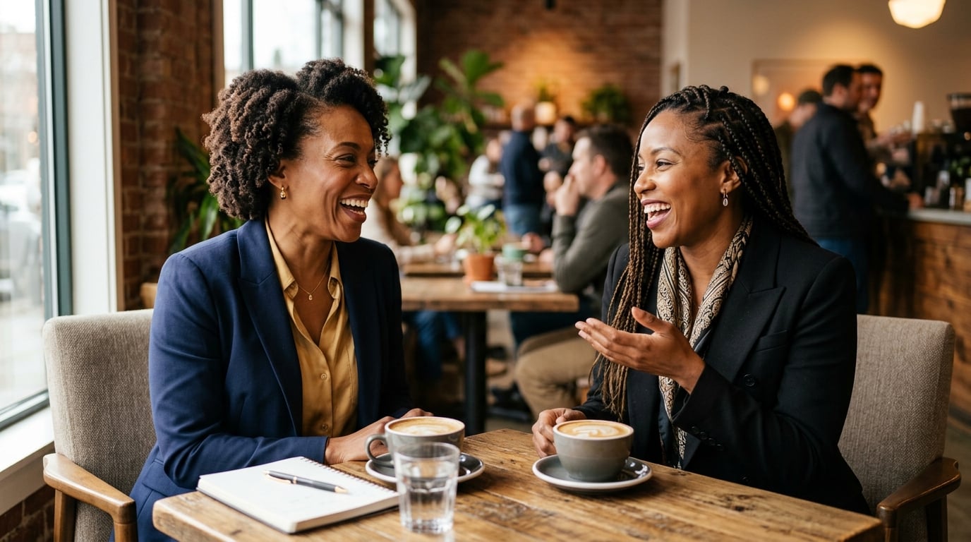 Two Black women connecting and laughing together