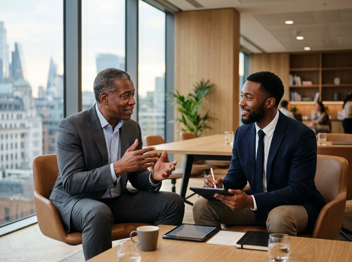 A Black mentor advising a younger professional